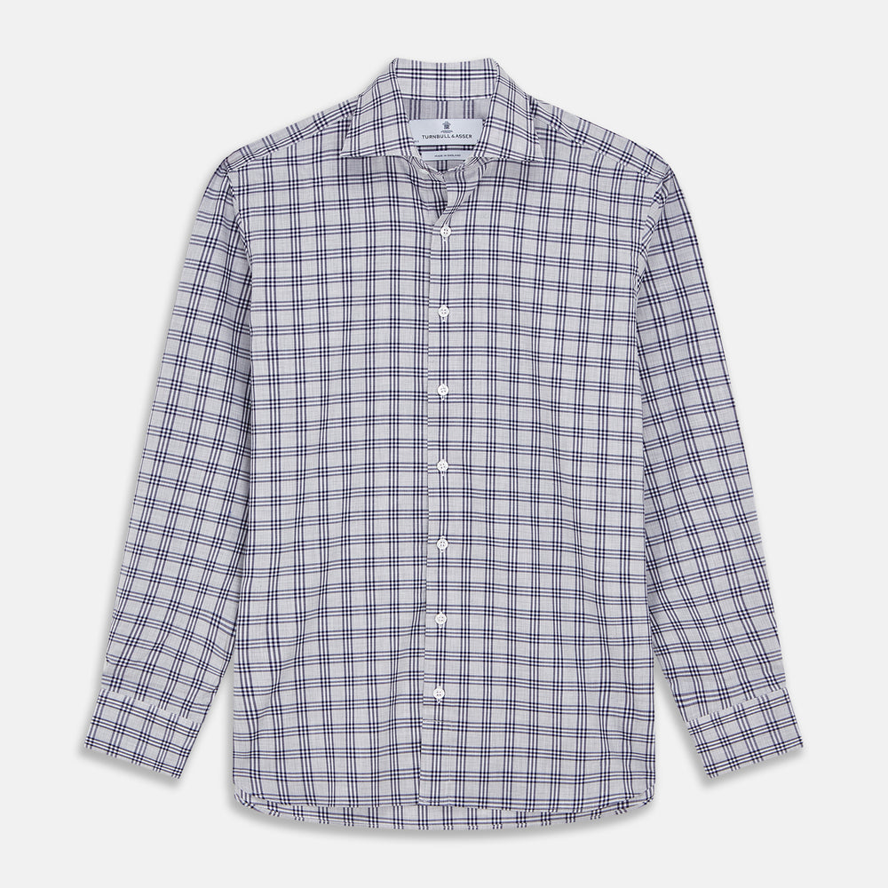 The Turnbull & Asser Grey Multi Check Cotton Tailored Fit Shelton Shirt is neatly laid flat on a white background.