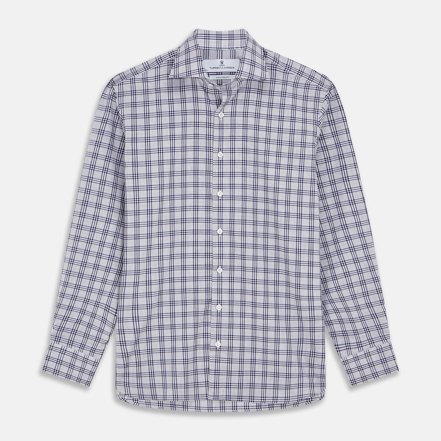 View 1 of product The Turnbull & Asser Grey Multi Check Cotton Tailored Fit Shelton Shirt is neatly laid flat on a white background.