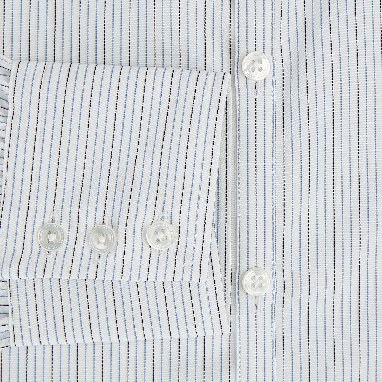 View 4 of product The Turnbull & Asser Grey and Blue Pinstripe Westminster Shirt features fine stripes, a classic collar, and buttoned cuffs—showcasing signature British craftsmanship against a plain white backdrop.