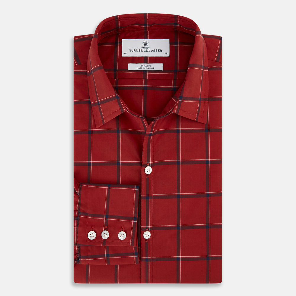 The Turnbull & Asser Dark Red Grid Check Windsor Shirt is a long-sleeved, button-up shirt with a dark red base and black and white grid pattern, displayed flat on a white background.