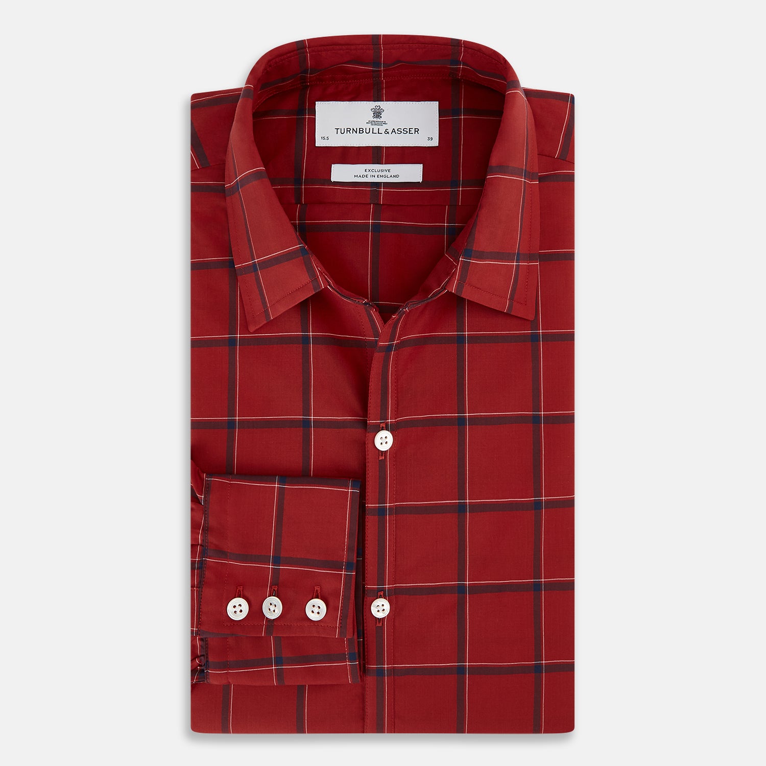 View 5 of product The Turnbull & Asser Dark Red Grid Check Windsor Shirt is a long-sleeved, button-up shirt with a dark red base and black and white grid pattern, displayed flat on a white background.