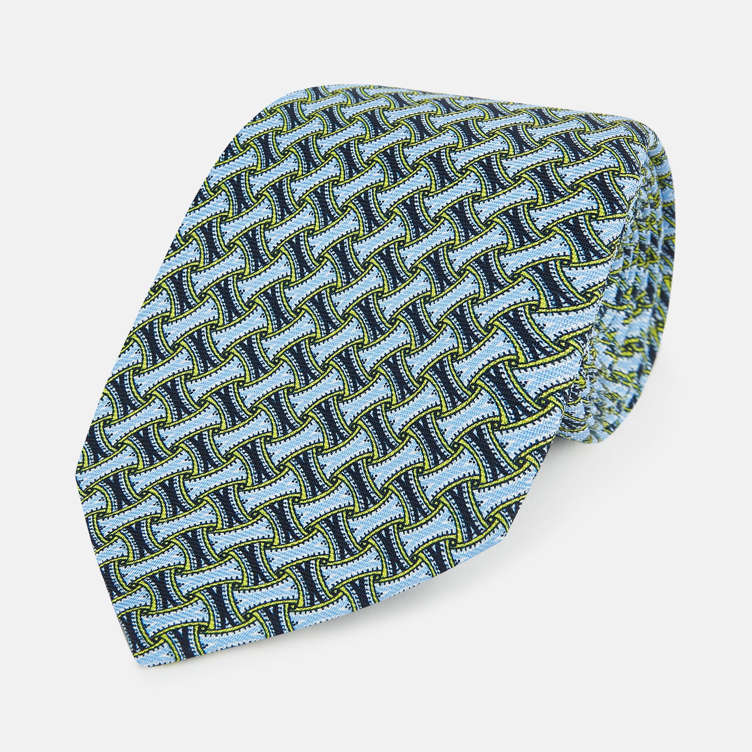 View 1 of product The Turnbull & Asser Light Blue and Chartreuse Lemon Weave Patterned Silk Tie, crafted from fine English silk, features a geometric design in blue and green tones, displayed on a plain white background.