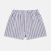 View 1 of product The Turnbull & Asser Pale Blue And Red Pinstripe Godfrey Boxer Shorts feature an elastic waistband and loose fit, made from Italian cotton, shown on a plain white background.