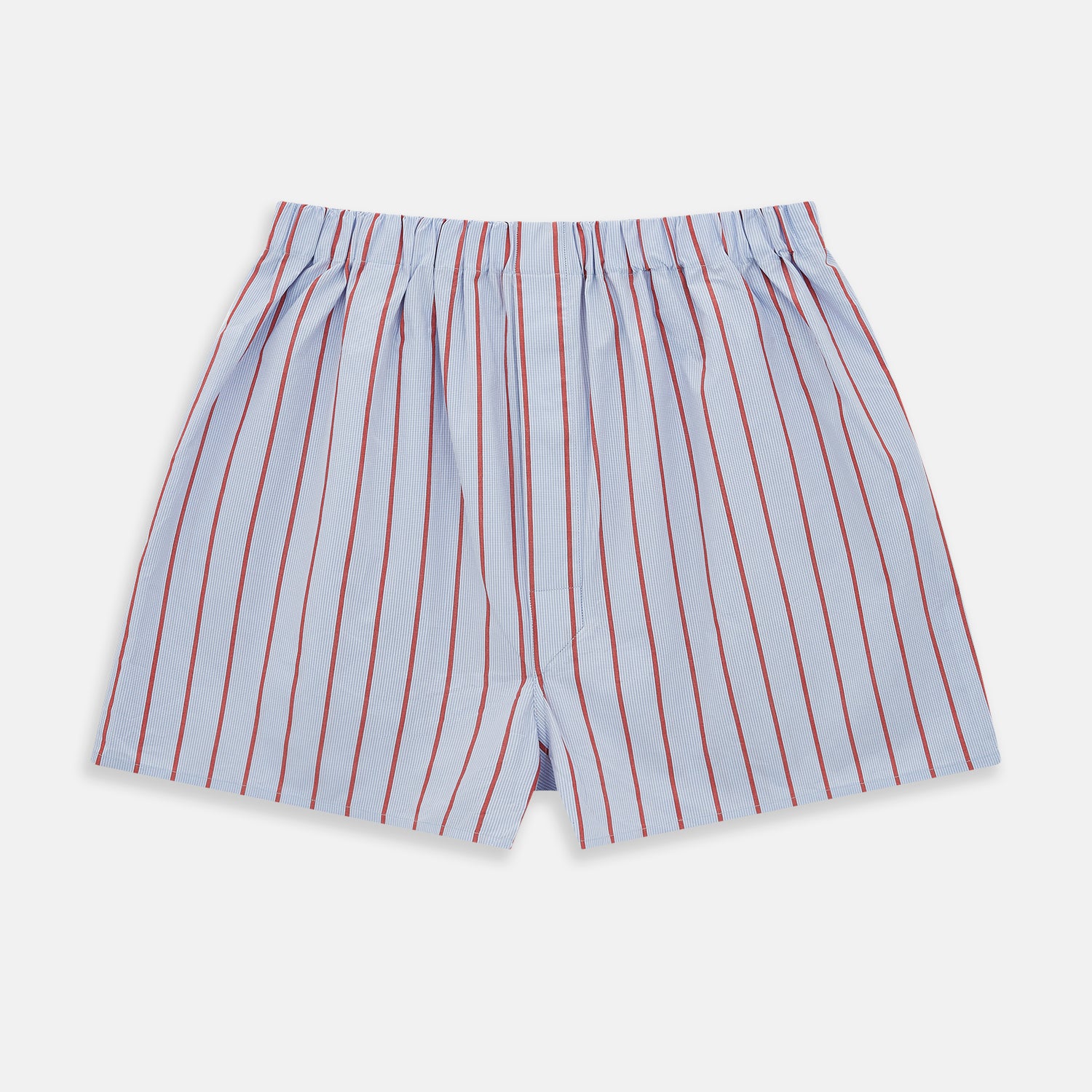 View 1 of product The Turnbull & Asser Pale Blue And Red Pinstripe Godfrey Boxer Shorts feature an elastic waistband and loose fit, made from Italian cotton, shown on a plain white background.