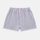 The Turnbull & Asser Pale Blue And Red Pinstripe Godfrey Boxer Shorts feature an elastic waistband and loose fit, made from Italian cotton, shown on a plain white background.