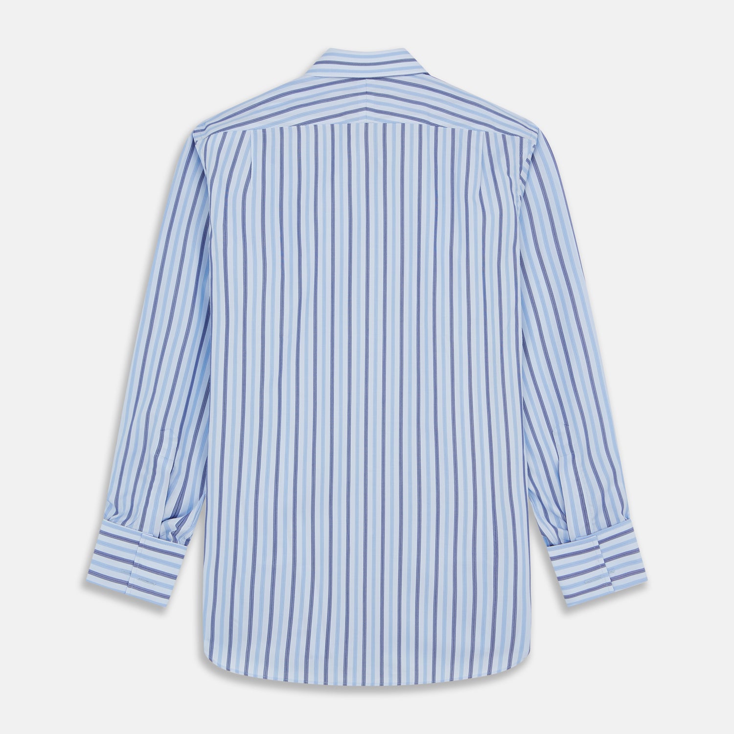 View 5 of product The Turnbull & Asser Pale Blue Multi Stripe Cotton Regular Fit Whitby Shirt, with collar and cuffs, is shown laid flat on a white background.