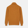 View 3 of product The Turnbull & Asser Gold Cashmere Shawl Neck Lytton Jumper, in ribbed knit with a horn button at the neckline, is stylishly laid flat on a white background.