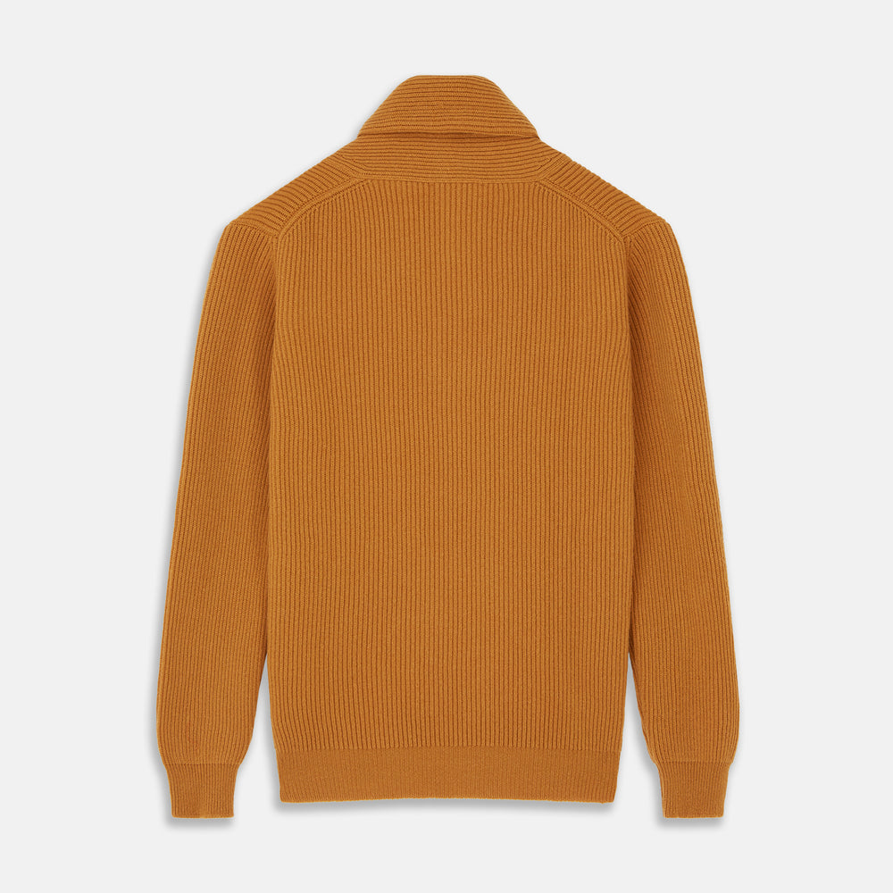 The Turnbull & Asser Gold Cashmere Shawl Neck Lytton Jumper, in ribbed knit with a horn button at the neckline, is stylishly laid flat on a white background.