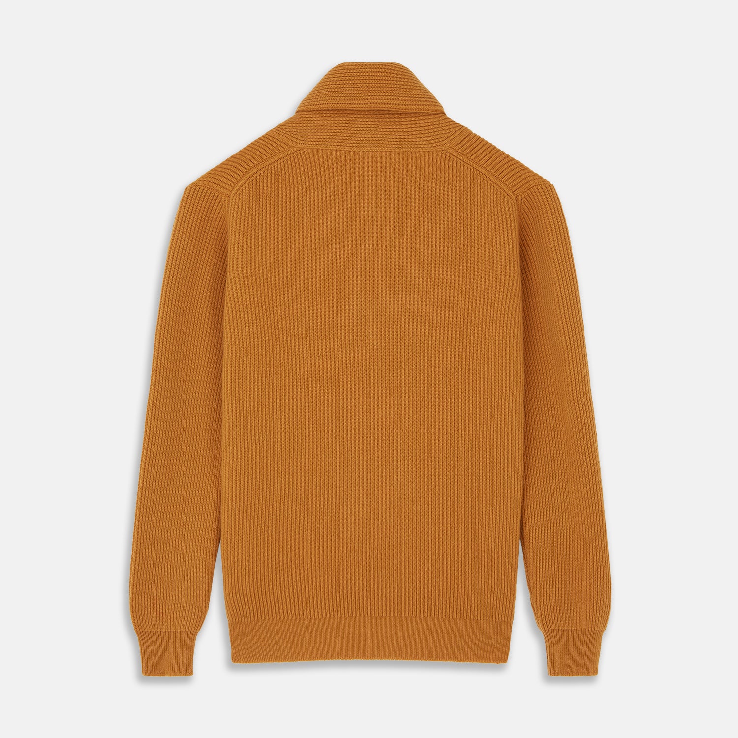 View 3 of product The Turnbull & Asser Gold Cashmere Shawl Neck Lytton Jumper, in ribbed knit with a horn button at the neckline, is stylishly laid flat on a white background.