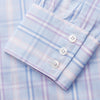 View 2 of product The Turnbull & Asser Pink and Light Blue Check Cotton Regular Fit Mayfair Shirt features long sleeves, buttoned cuffs, a T&A collar, and is shown laid flat on a white background.