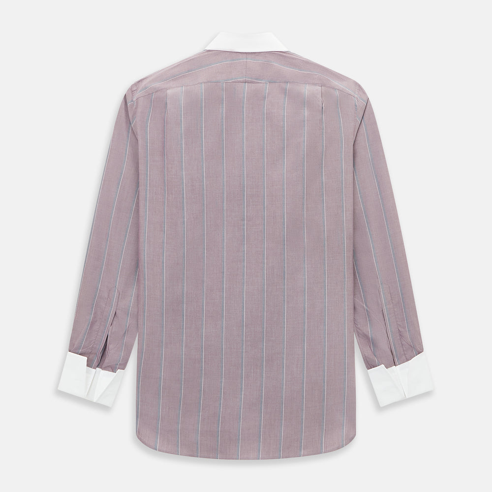 The Turnbull & Asser Light Porto Red Track Stripe Shirt features a Mayfair fit and contrast white T&A collar and cuffs, with vertical blue stripes on mauve, exemplifying British craftsmanship.