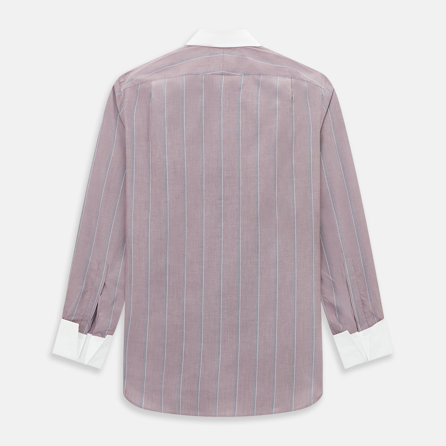 View 3 of product The Turnbull & Asser Light Porto Red Track Stripe Shirt features a Mayfair fit and contrast white T&A collar and cuffs, with vertical blue stripes on mauve, exemplifying British craftsmanship.