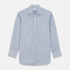 View 1 of product The Turnbull & Asser Blue and White Stripe Cotton Regular Fit Mayfair Shirt features long sleeves, a button-up front, collar, buttoned cuffs, and vertical stripes, shown on a white background.