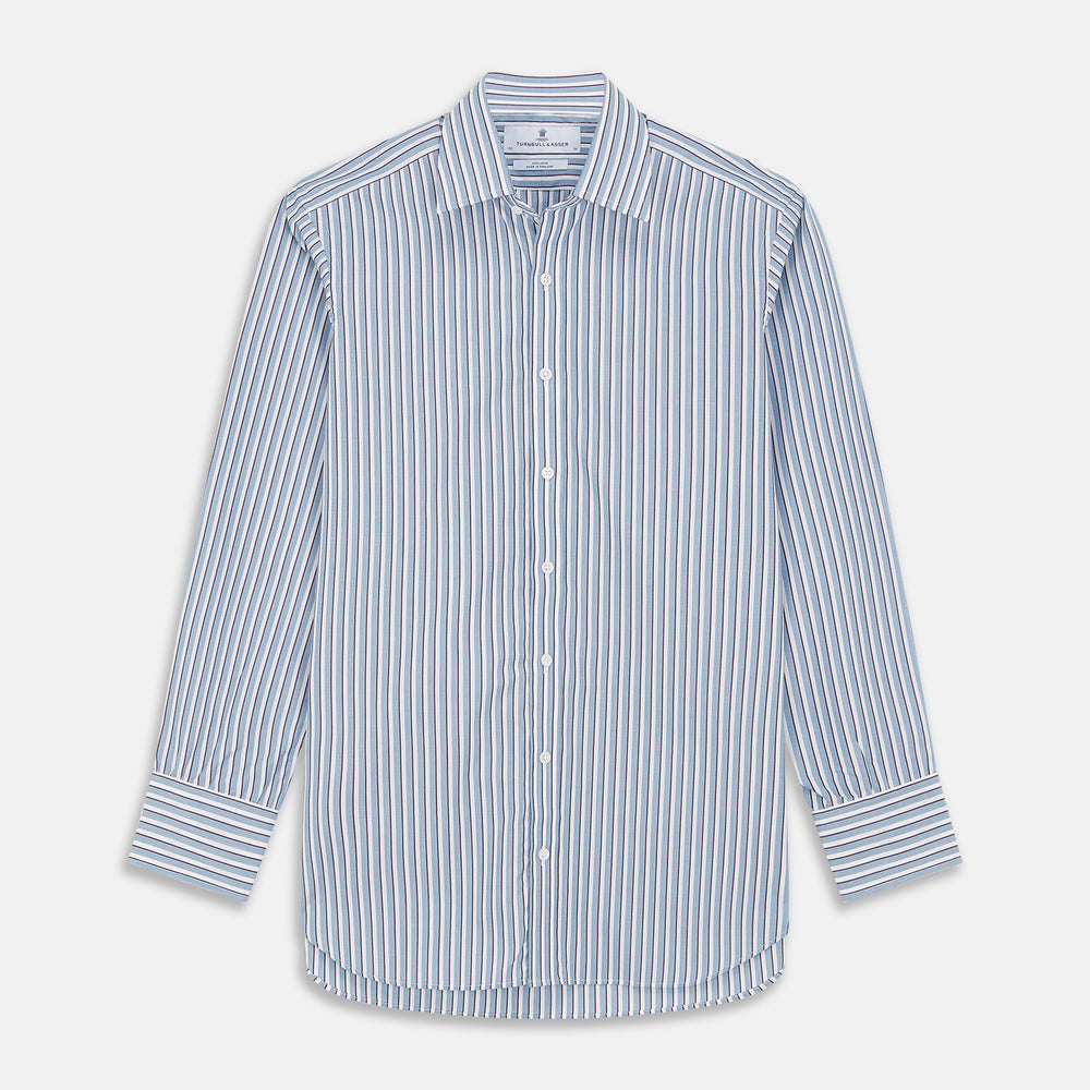 The Turnbull & Asser Blue and White Stripe Cotton Regular Fit Mayfair Shirt features long sleeves, a button-up front, collar, buttoned cuffs, and vertical stripes, shown on a white background.