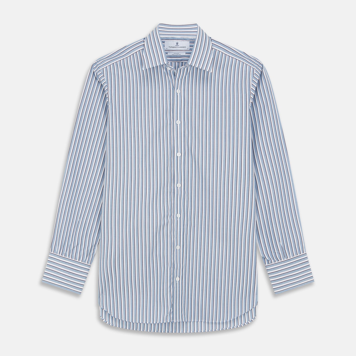 View 1 of product The Turnbull & Asser Blue and White Stripe Cotton Regular Fit Mayfair Shirt features long sleeves, a button-up front, collar, buttoned cuffs, and vertical stripes, shown on a white background.