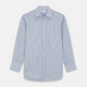 The Turnbull & Asser Blue and White Stripe Cotton Regular Fit Mayfair Shirt features long sleeves, a button-up front, collar, buttoned cuffs, and vertical stripes, shown on a white background.