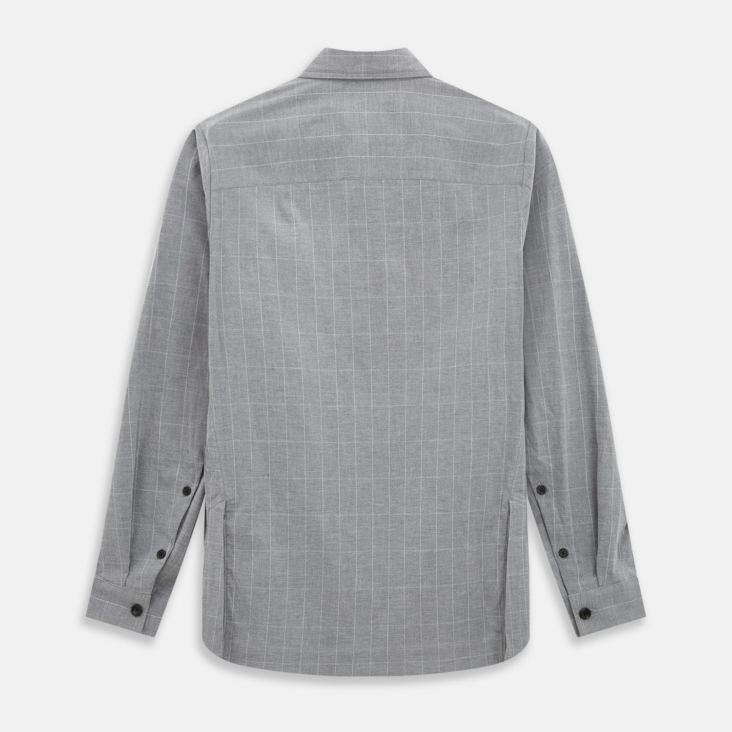 View 3 of product The Turnbull & Asser Grey Check Hampstead Overshirt features a light gray check pattern, pointed collar, chest pocket, and two zippered side pockets, displayed flat against a white background.