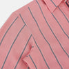 View 6 of product The Coral Pink Track Stripe Westminster Shirt by Turnbull & Asser features vertical navy and white stripes, a tailored fit, pointed collar, and buttoned cuffs—is displayed laid flat on a white background.