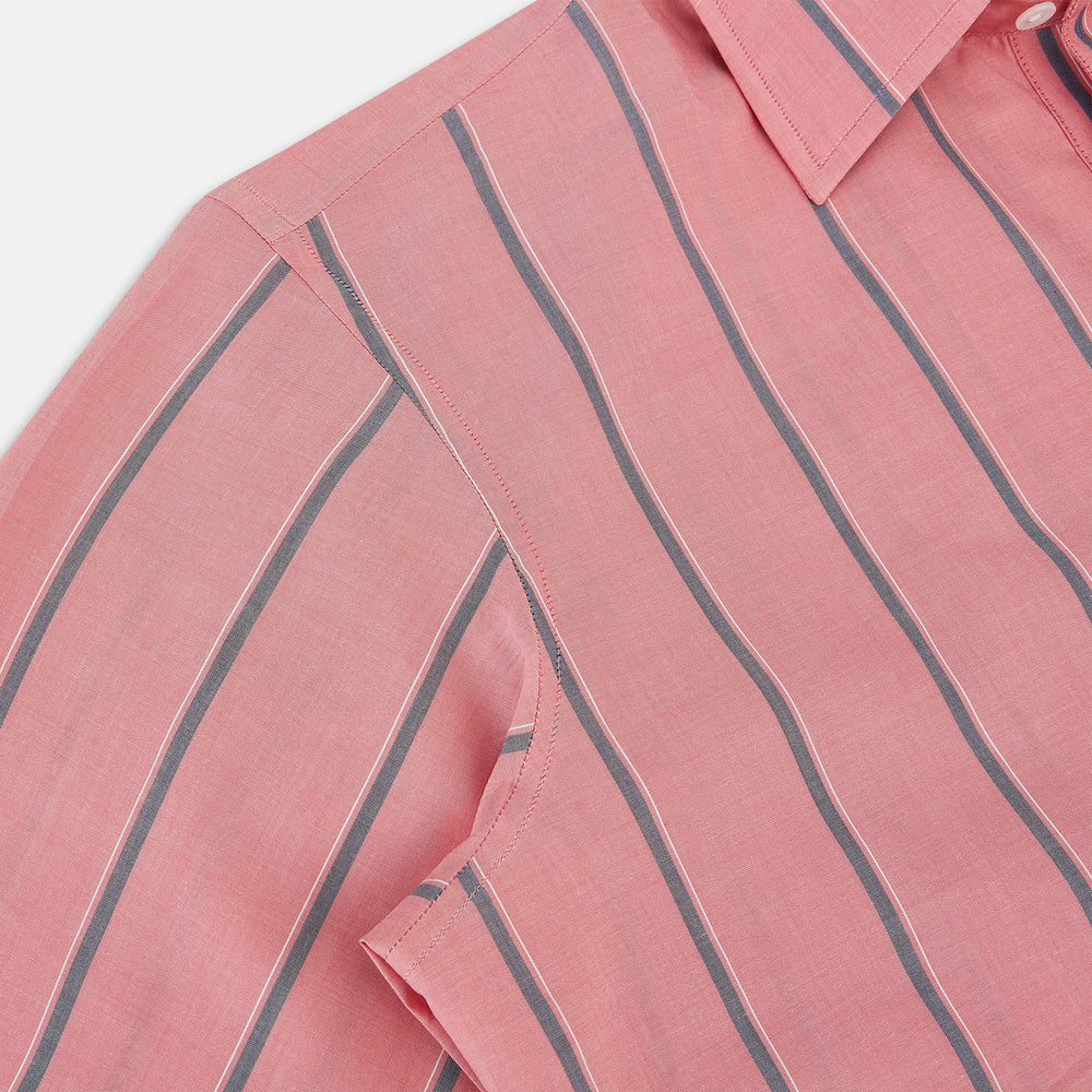 The Coral Pink Track Stripe Westminster Shirt by Turnbull & Asser features vertical navy and white stripes, a tailored fit, pointed collar, and buttoned cuffs—is displayed laid flat on a white background.