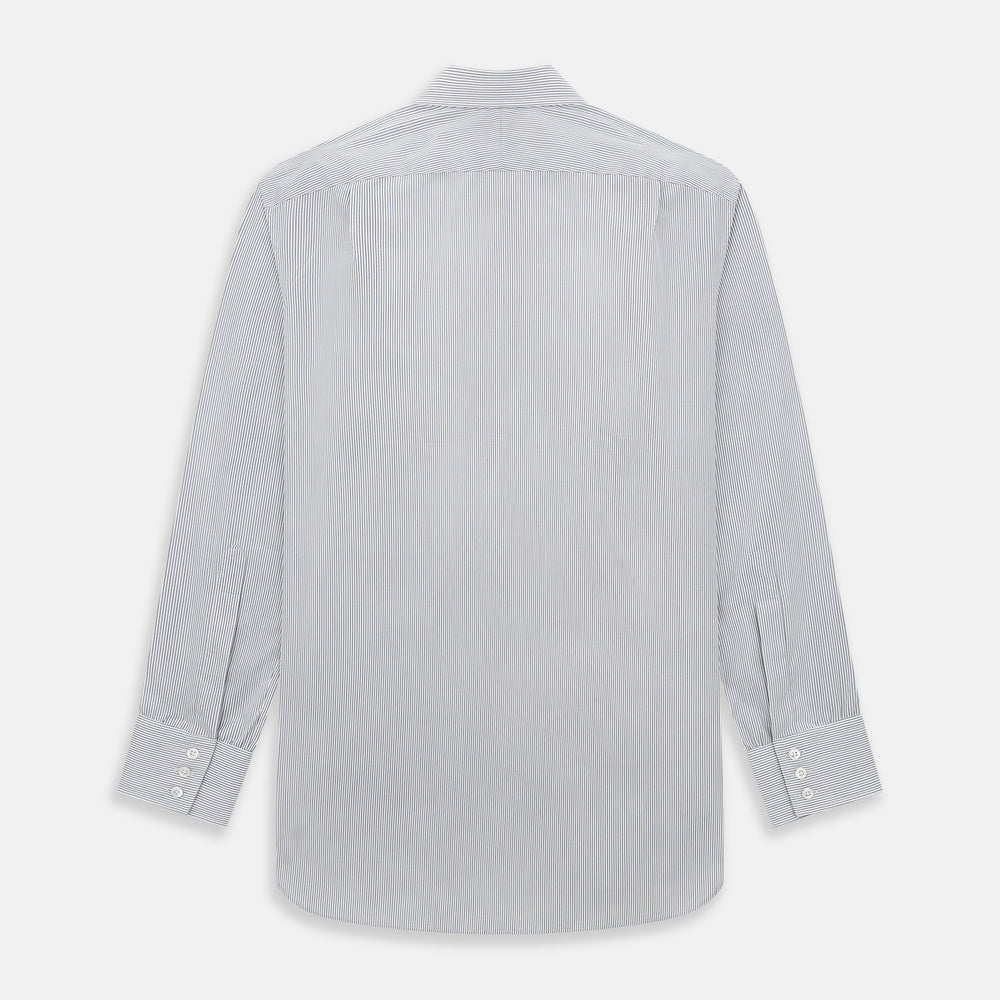 A long-sleeved Midnight Blue Fine Track Stripe Mayfair Shirt by Turnbull & Asser, featuring a T&A collar and white buttons, is laid neatly flat on a white background.