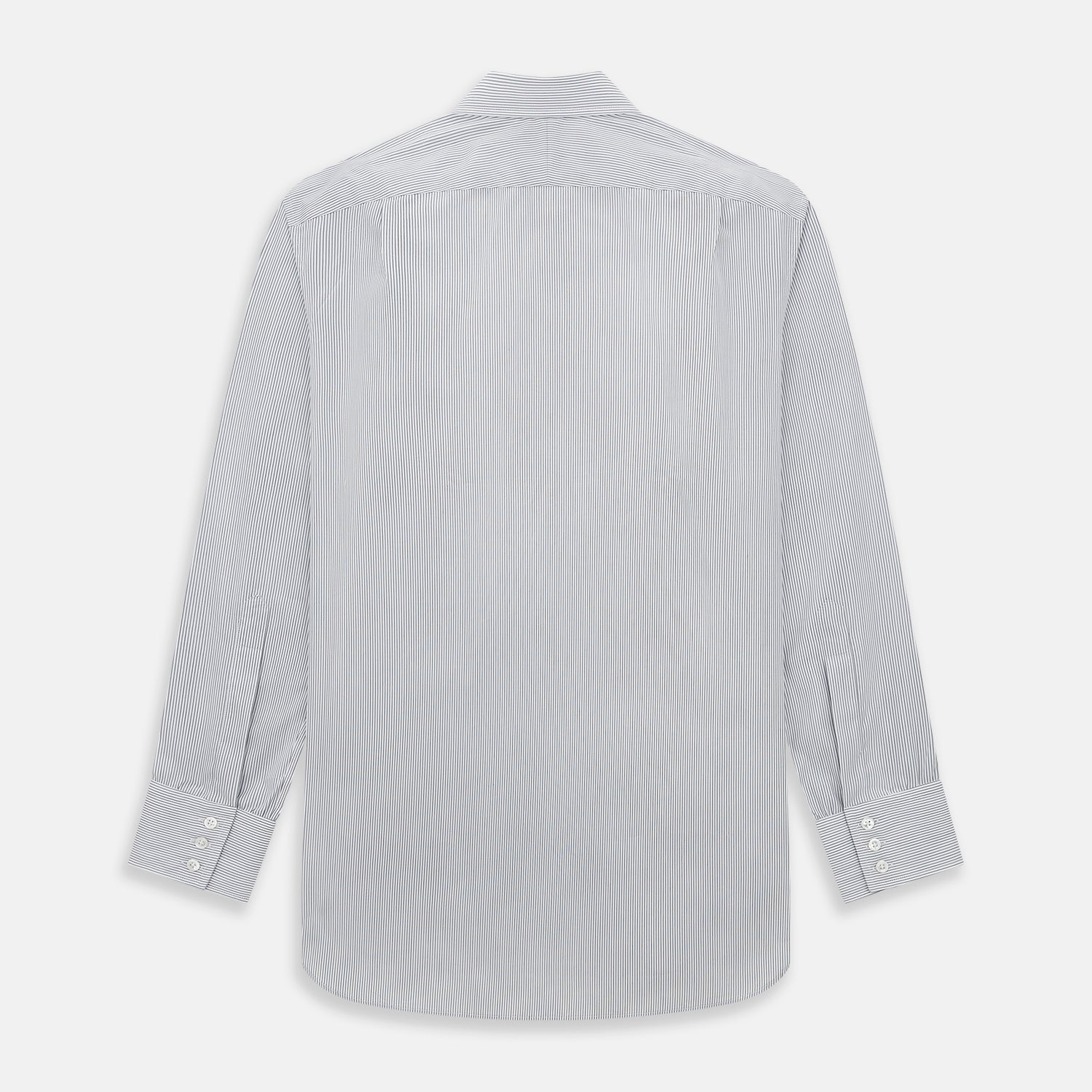 View 3 of product A long-sleeved Midnight Blue Fine Track Stripe Mayfair Shirt by Turnbull & Asser, featuring a T&A collar and white buttons, is laid neatly flat on a white background.