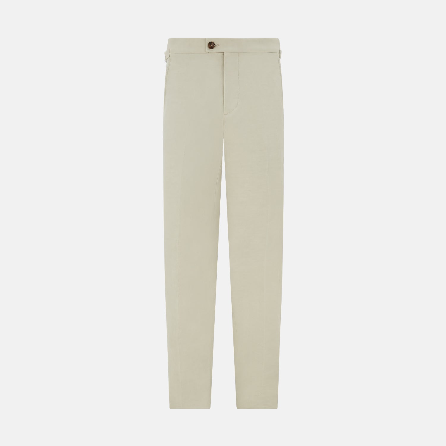 View 9 of product Turnbull & Asser Taupe Cotton Blend Henry Trousers with a straight-leg formal cut, button and zipper closure, belt loops, and side pockets, shown against a plain white background.