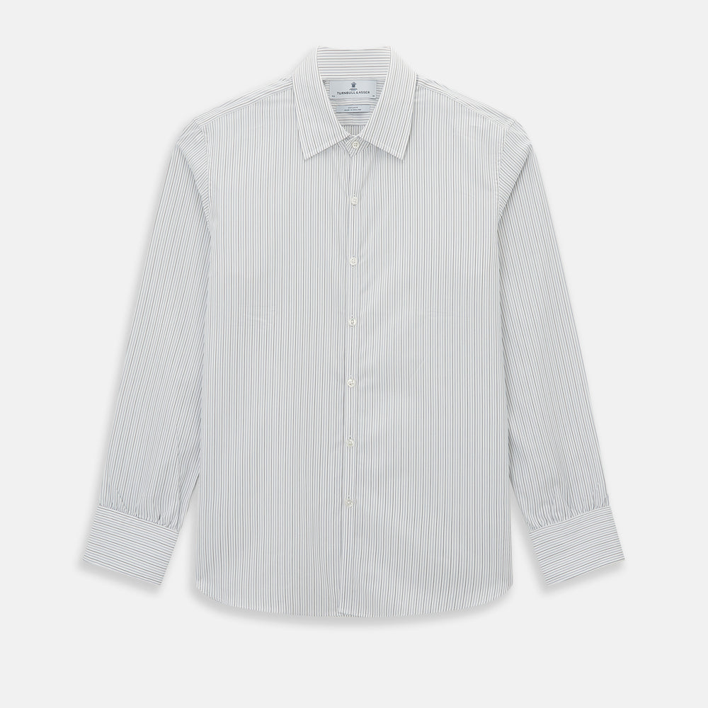The Turnbull & Asser Grey and Blue Pinstripe Westminster Shirt features fine stripes, a classic collar, and buttoned cuffs—showcasing signature British craftsmanship against a plain white backdrop.