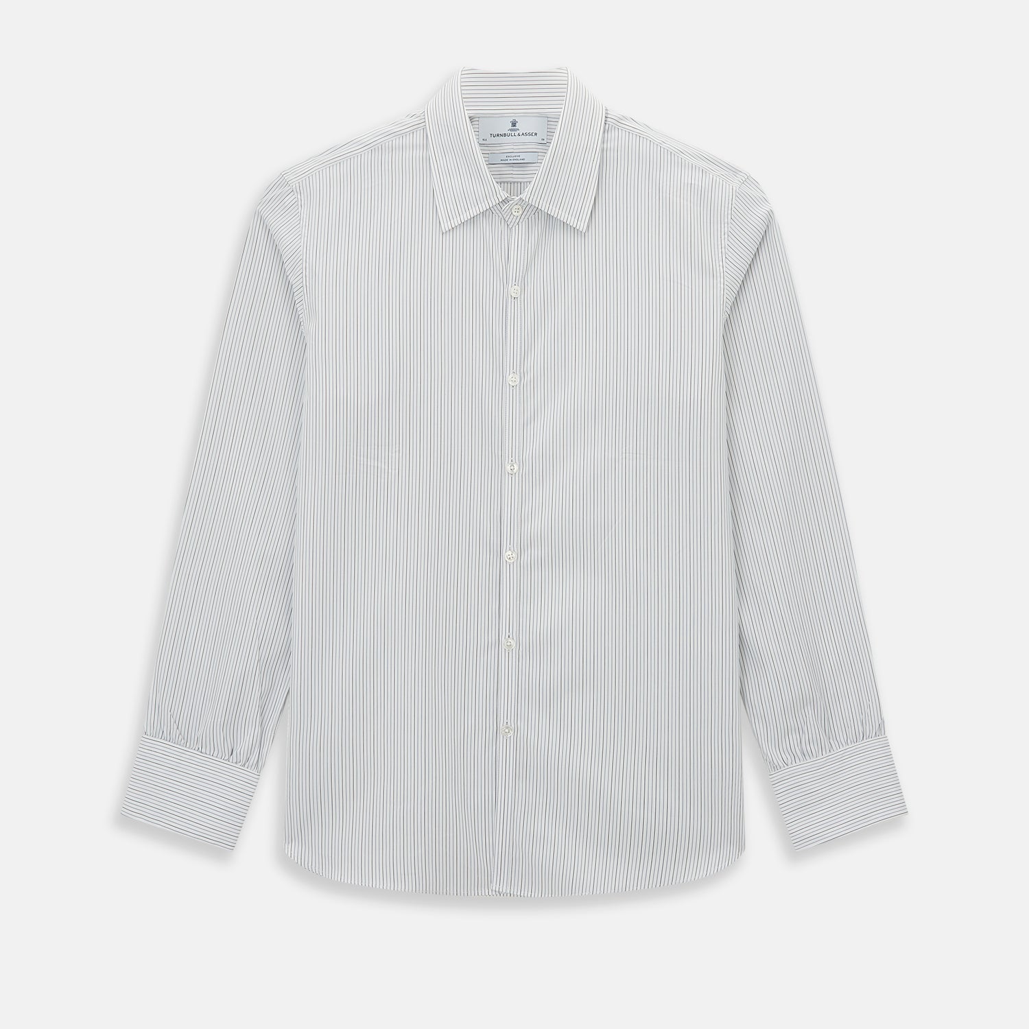 View 1 of product The Turnbull & Asser Grey and Blue Pinstripe Westminster Shirt features fine stripes, a classic collar, and buttoned cuffs—showcasing signature British craftsmanship against a plain white backdrop.