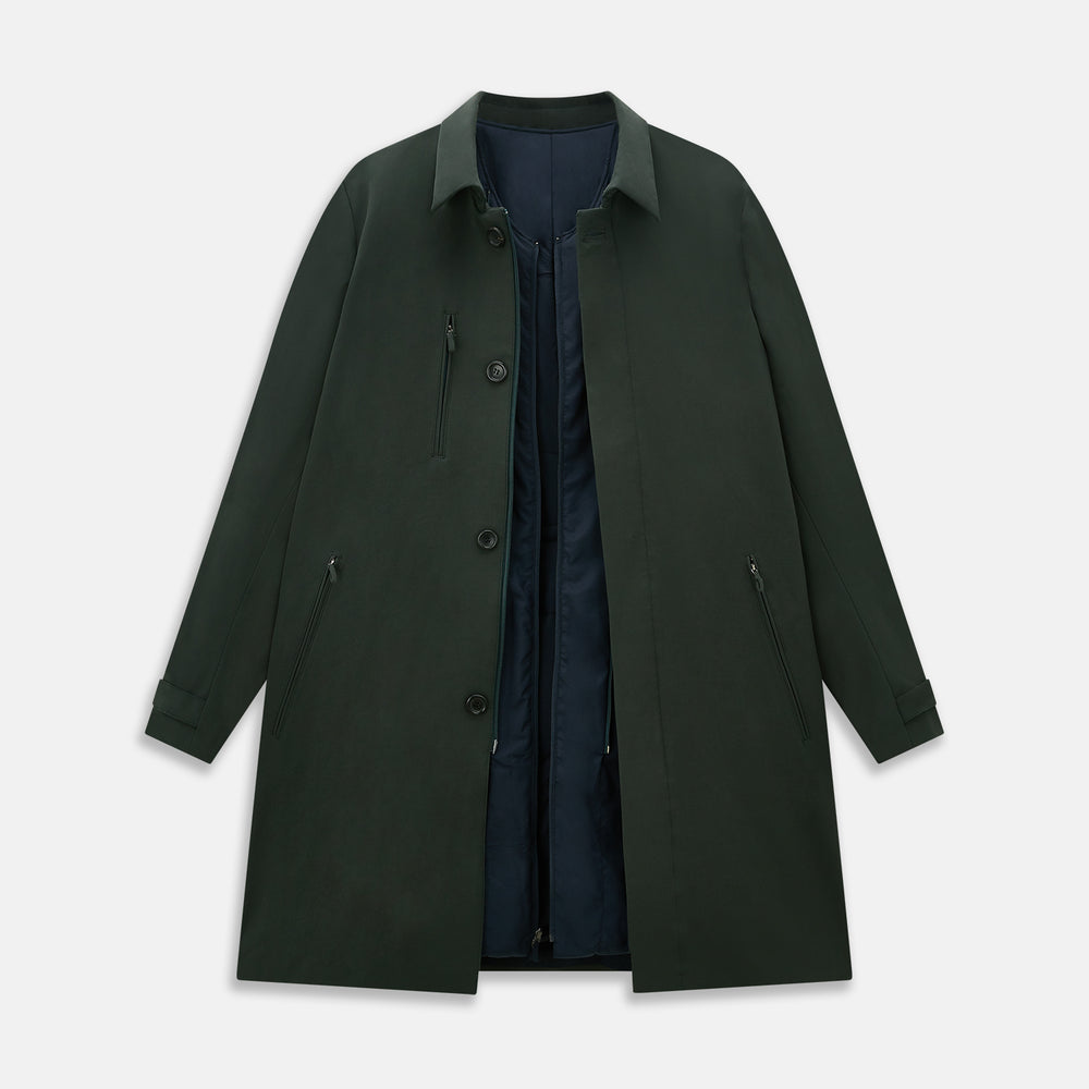 A Forest Green John Arthur Trench Coat by Turnbull & Asser, knee-length with a single-breasted button closure, three zippered pockets, and buttoned cuffs, is laid flat on a white background.
