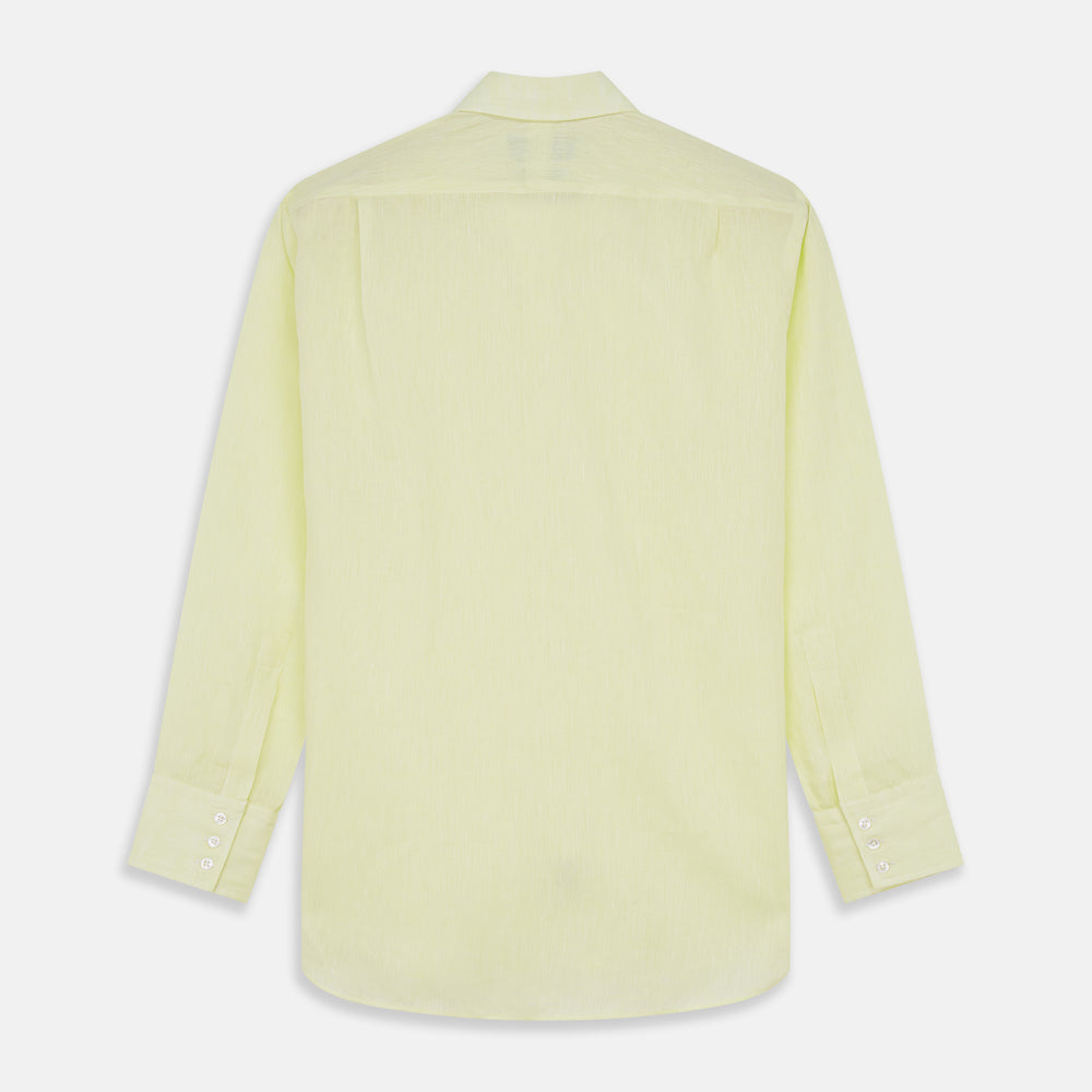 The Turnbull & Asser Yellow Linen Regular Fit Mayfair Shirt is a long-sleeve button-up with a collar and buttoned cuffs, shown laid flat on a white background.