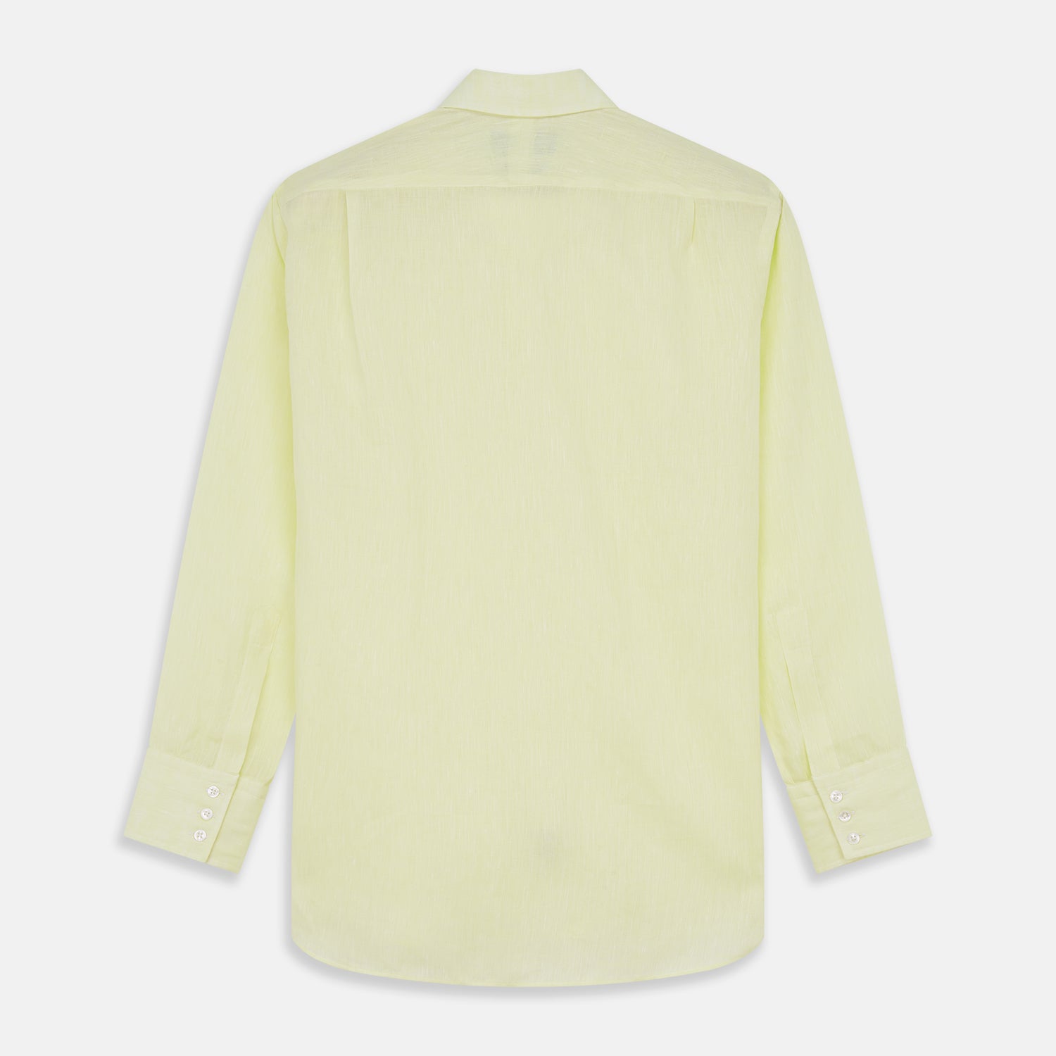 View 5 of product The Turnbull & Asser Yellow Linen Regular Fit Mayfair Shirt is a long-sleeve button-up with a collar and buttoned cuffs, shown laid flat on a white background.