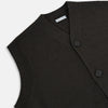 View 2 of product The Turnbull & Asser Dark Brown Cashmere Sleeveless Cardigan has a V-neck, button-up front, two front pockets, and ribbed trim on the armholes and hem, shown against a plain white background.