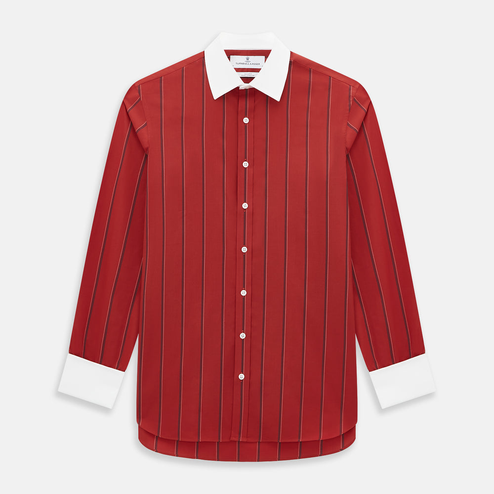 The Turnbull & Asser Dark Red Track Stripe Shirt with Contrast T&A Collar and Cuffs features vertical black stripes, a white collar and cuffs, Mayfair fit, and fine British craftsmanship, shown laid flat on a plain background.