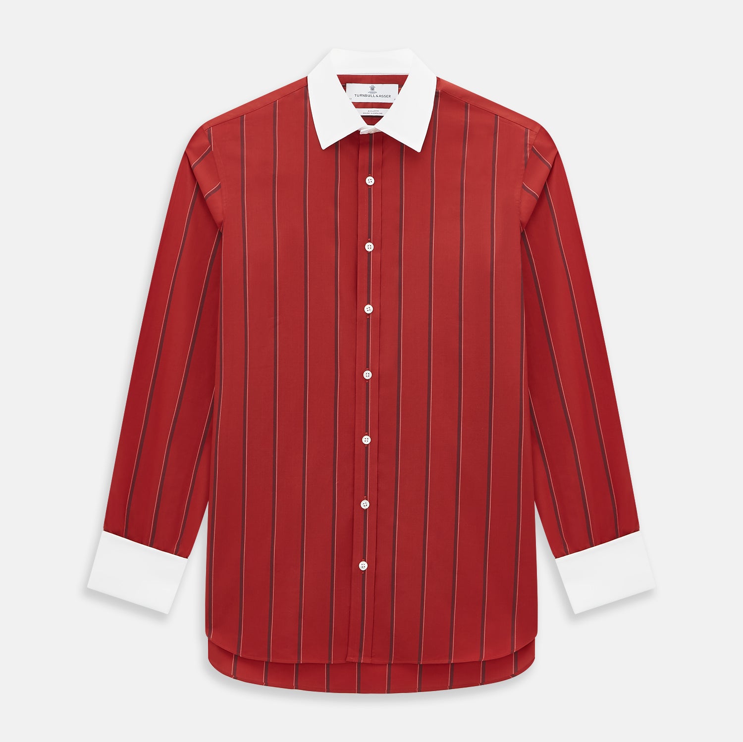 View 1 of product The Turnbull & Asser Dark Red Track Stripe Shirt with Contrast T&A Collar and Cuffs features vertical black stripes, a white collar and cuffs, Mayfair fit, and fine British craftsmanship, shown laid flat on a plain background.