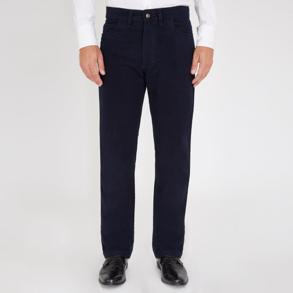 A pair of Turnbull & Asser 5 Pocket Boston Trousers, straight-leg with a dark wash, feature front and back pockets, a button closure, and belt loops, shown on a plain white background.