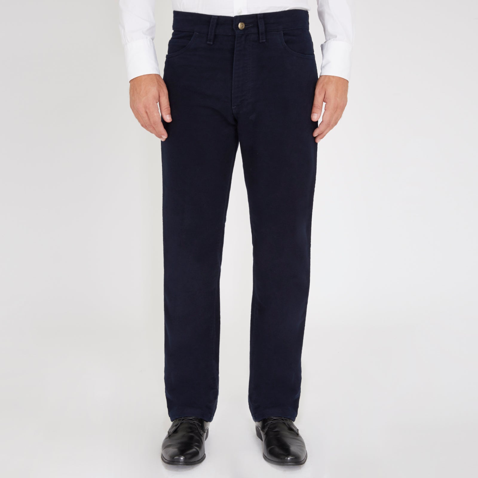 View 2 of product A pair of Turnbull & Asser 5 Pocket Boston Trousers, straight-leg with a dark wash, feature front and back pockets, a button closure, and belt loops, shown on a plain white background.