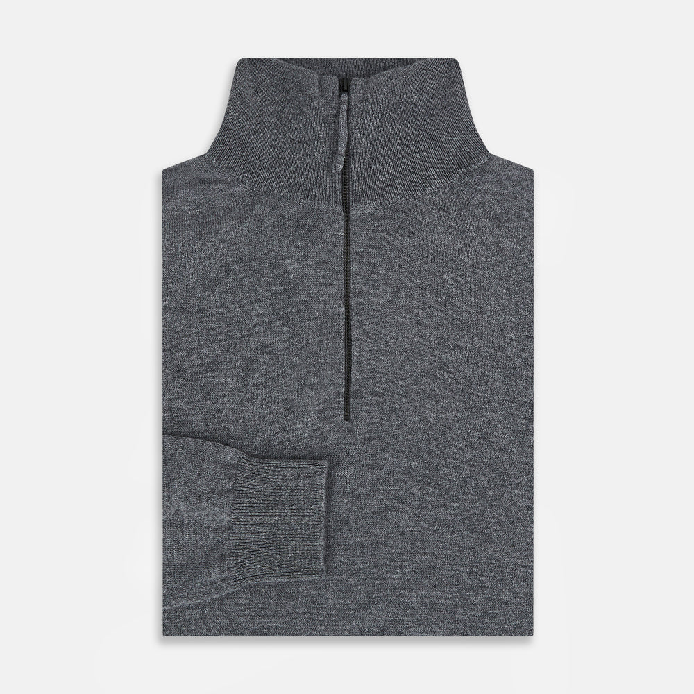 The Turnbull & Asser Slate Grey Melange Half-Zip Cashmere Jumper features a high collar and long sleeves, crafted from premium knitwear, and is shown against a plain white background.