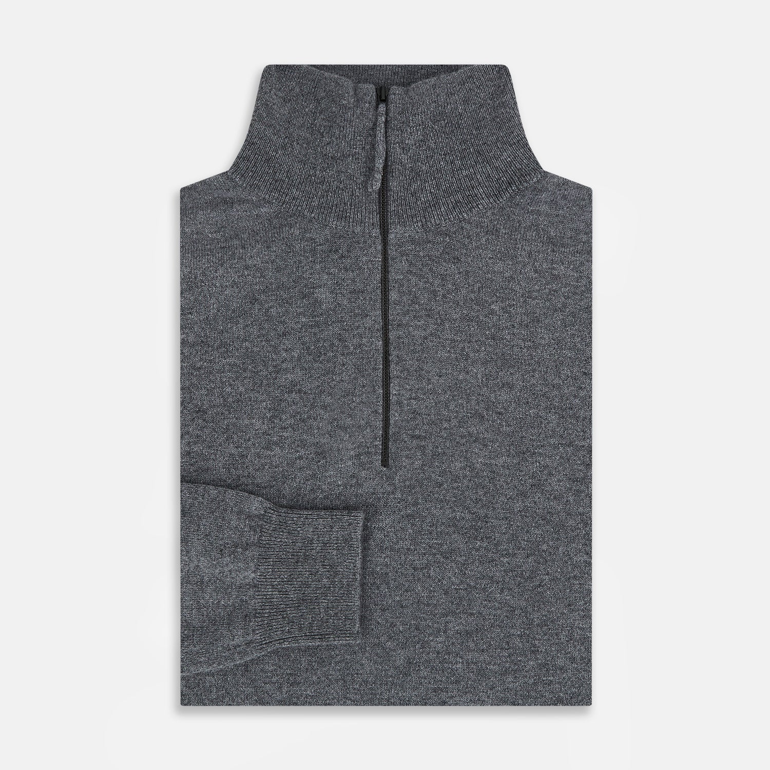 View 4 of product The Turnbull & Asser Slate Grey Melange Half-Zip Cashmere Jumper features a high collar and long sleeves, crafted from premium knitwear, and is shown against a plain white background.