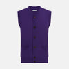 View 1 of product The Turnbull & Asser Purple Fine Merino V-Neck Sleeveless Cardigan features a button-up front and two pockets, displayed against a plain white background.