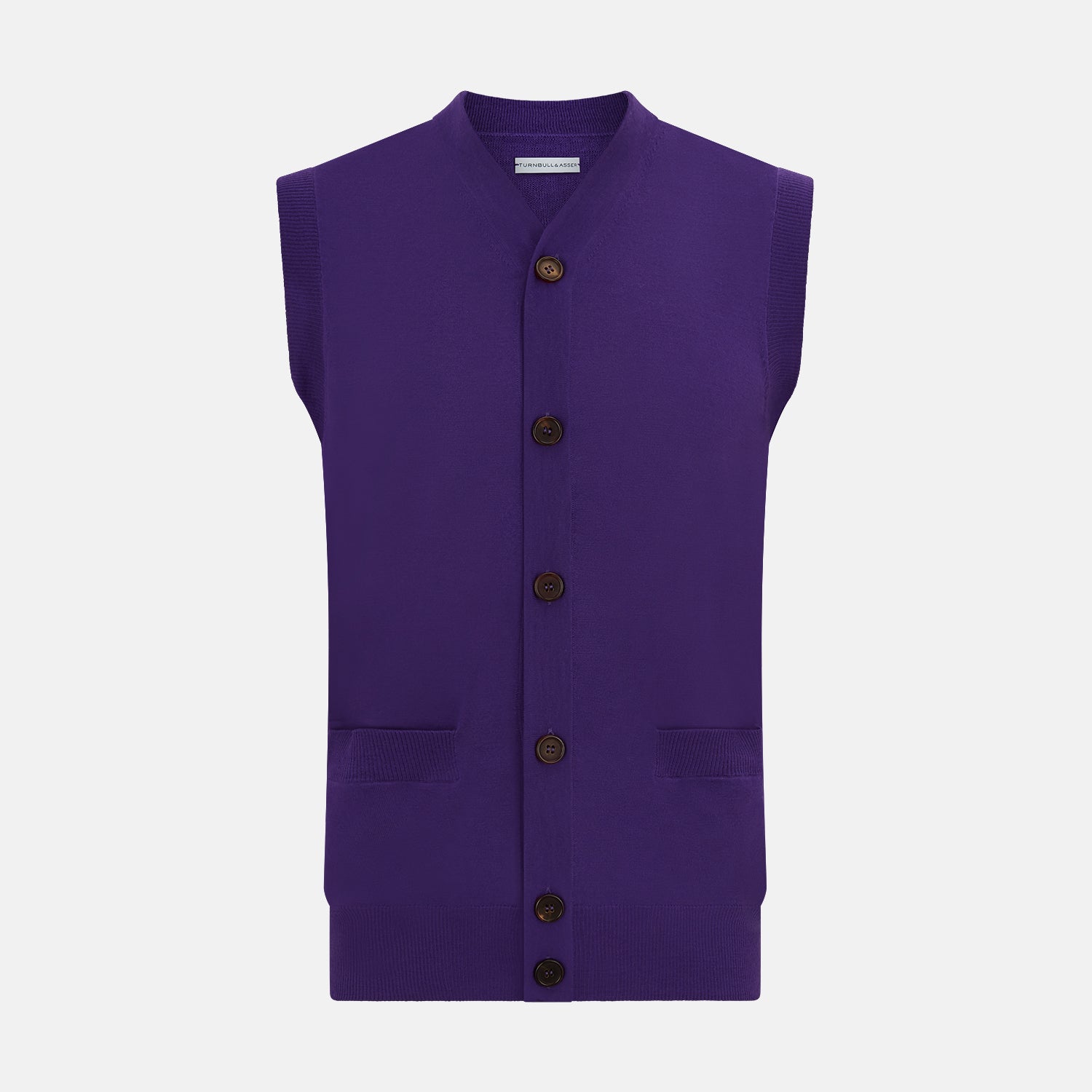 View 1 of product The Turnbull & Asser Purple Fine Merino V-Neck Sleeveless Cardigan features a button-up front and two pockets, displayed against a plain white background.