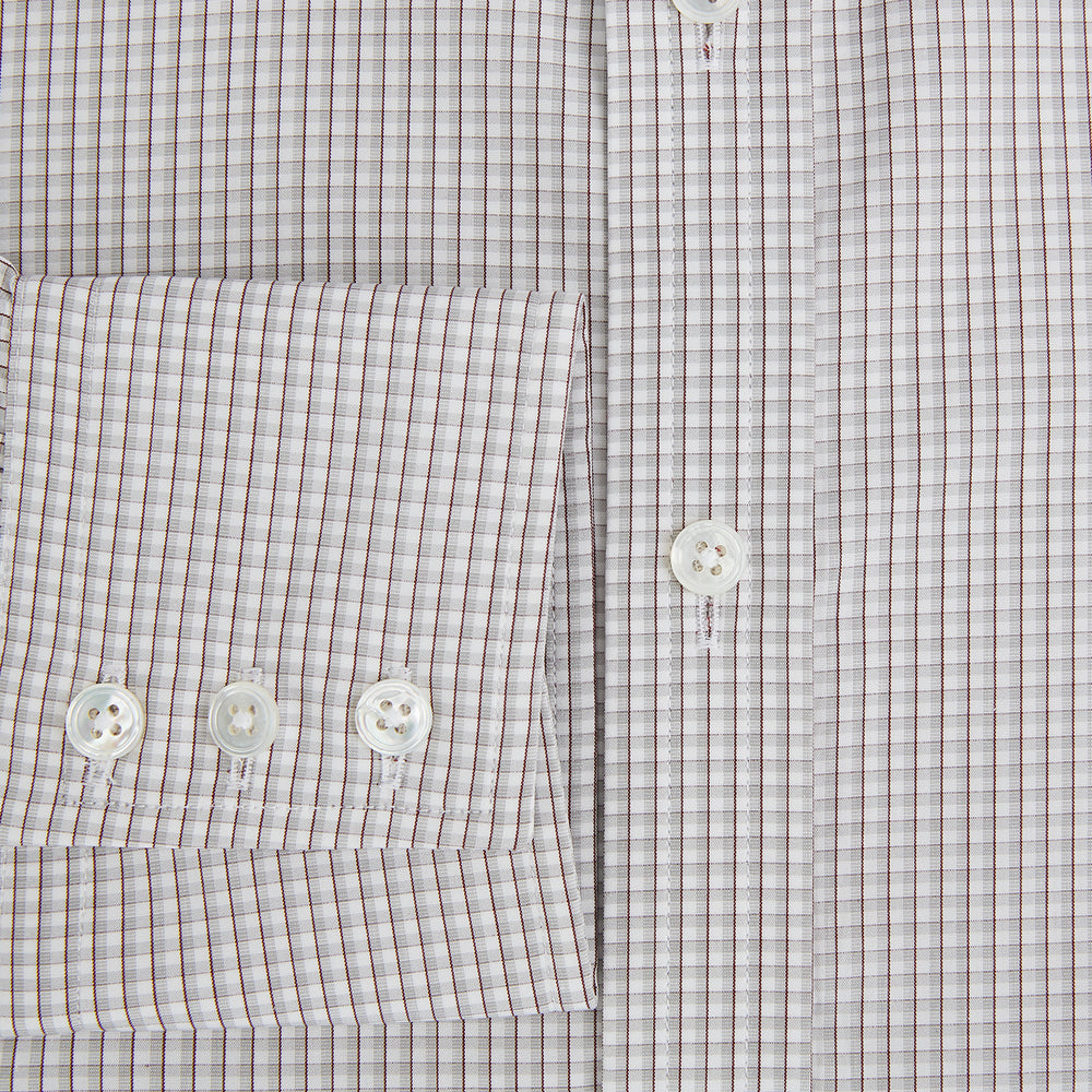 The Turnbull & Asser Grey Micro Shadow Check Mayfair Shirt is crafted from premium Italian cotton with long sleeves, a collar, and buttoned cuffs, shown folded flat against a white background.