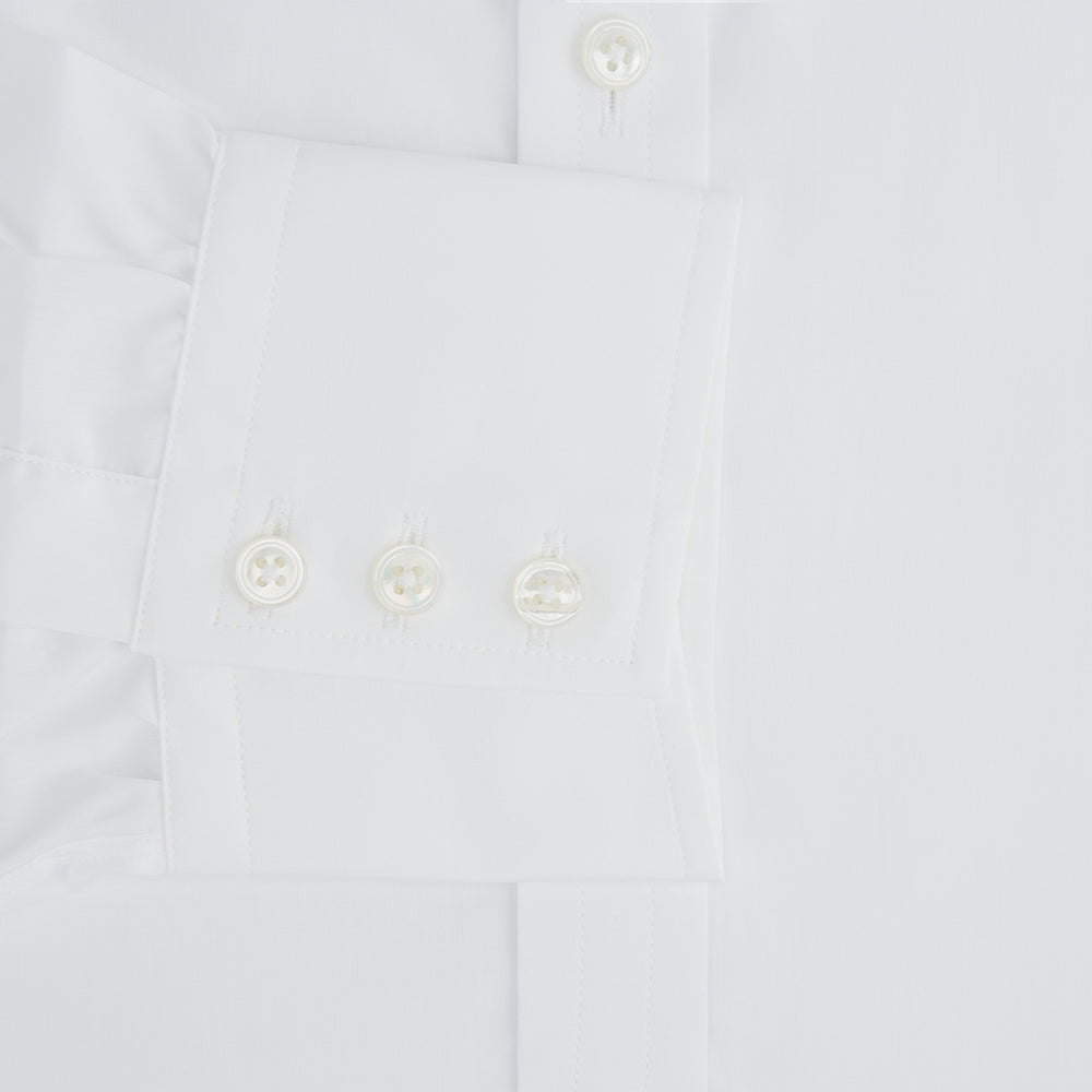 The Turnbull & Asser White Sea Island Quality Cotton Shirt features a T&A collar and 3-button cuffs, crafted from premium cotton and showcased against a plain white background.