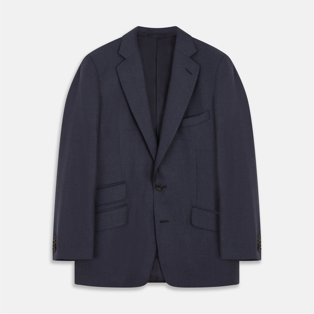 The Turnbull & Asser Navy Wool Blend Barrington Blazer features a notched lapel, single-button closure, three front pockets, and sleeve button accents, shown against a plain white background.