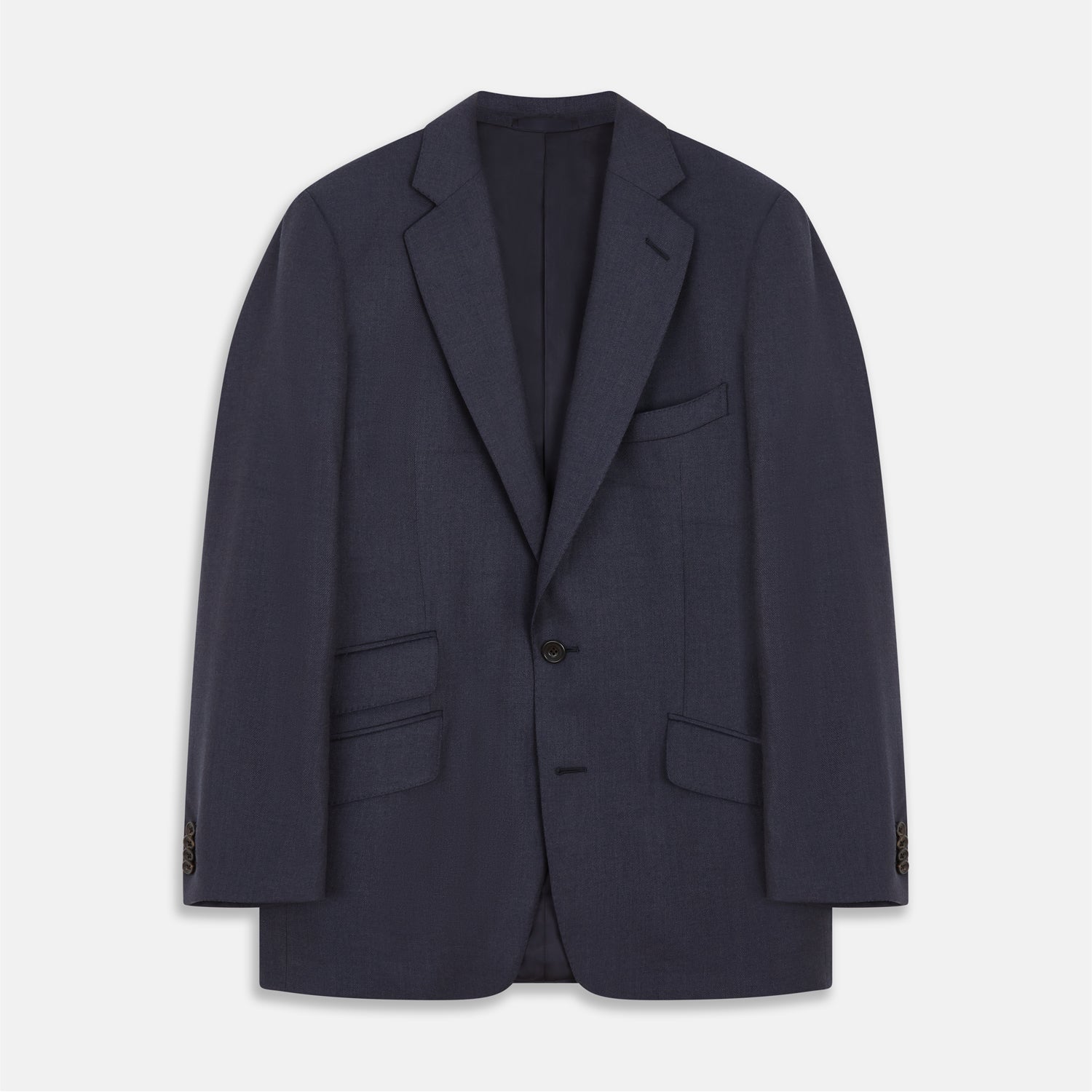 View 1 of product The Turnbull & Asser Navy Wool Blend Barrington Blazer features a notched lapel, single-button closure, three front pockets, and sleeve button accents, shown against a plain white background.