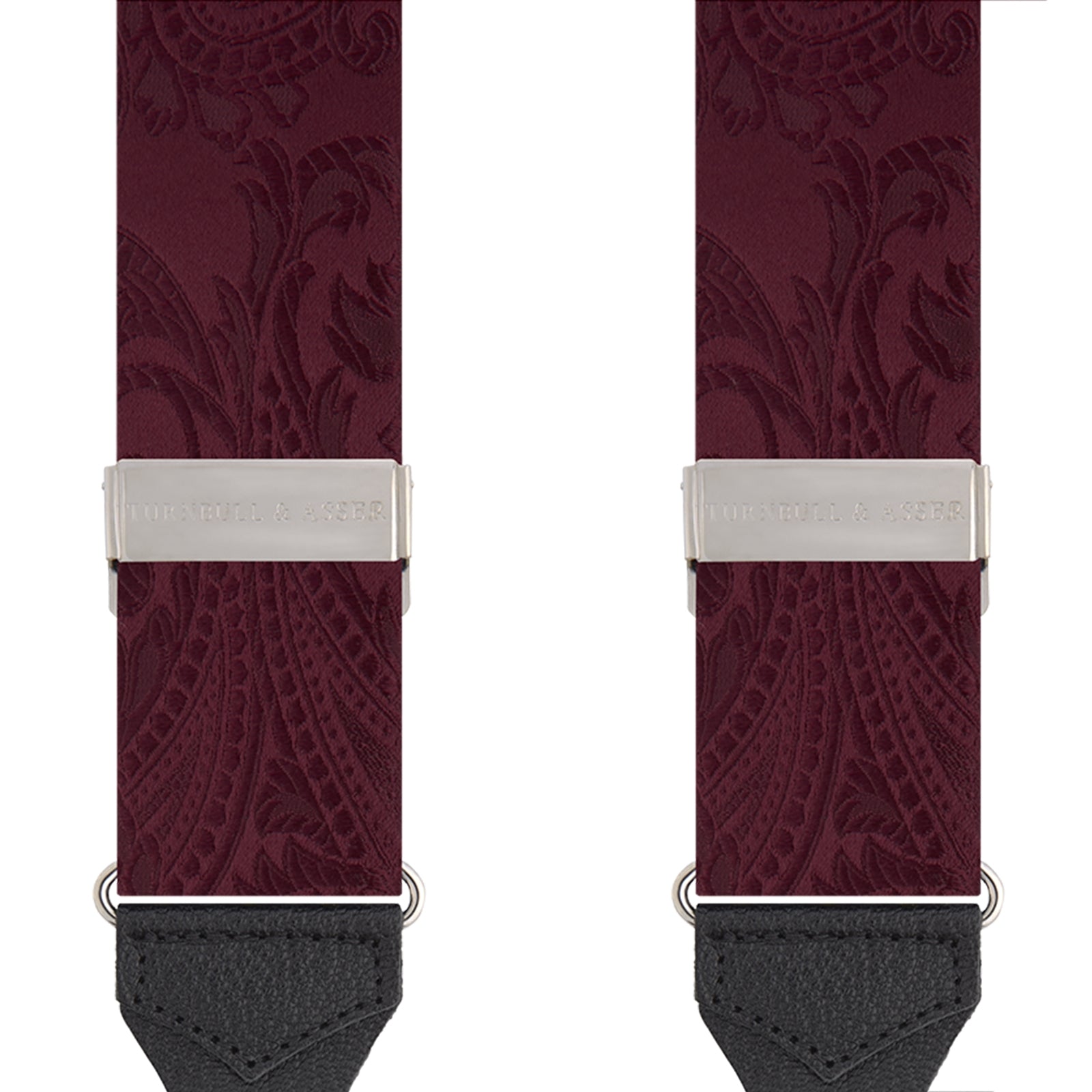 View 2 of product The Turnbull & Asser Burgundy Paisley Adjustable Silk Braces feature black leather loops and silver adjusters, shown on a plain white background.