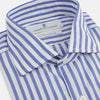 View 2 of product The Turnbull & Asser Tailored Fit Blue and White Candy Stripe Shirt, featuring a Kent collar and 3-button cuffs, is displayed neatly on a white background.