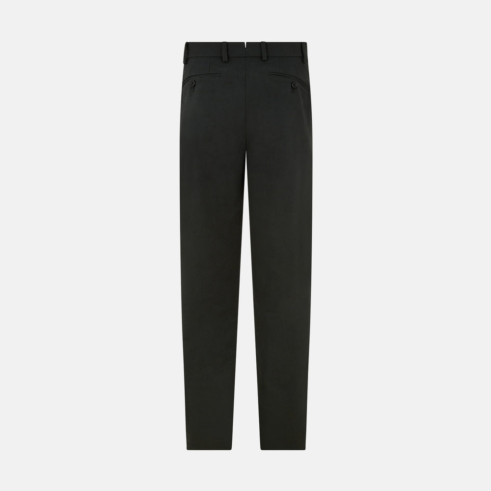 The Forest Green Henry B Trousers by Turnbull & Asser feature a minimalist straight-leg design in a wool/cashmere blend with belt loops and button closure, shown against a plain white background.