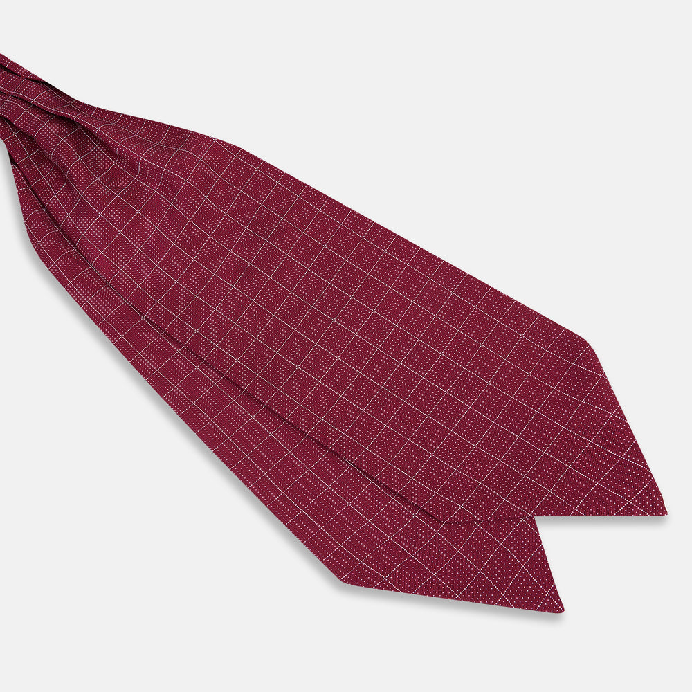 The Turnbull & Asser Burgundy Dotted Check Pattern Printed Silk Cravat, shown on a white background, features a refined British design perfect for elevating your look.