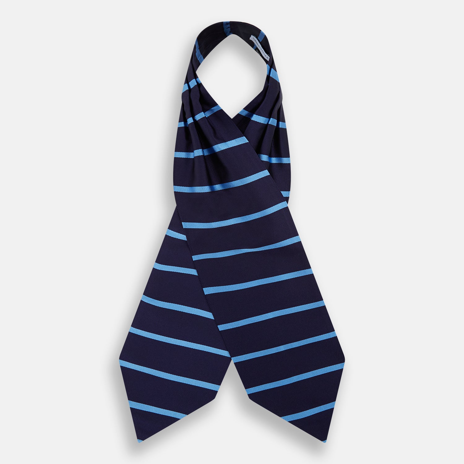 View 2 of product The Turnbull & Asser Azzurro Stripe and Navy Silk Cravat is elegantly displayed against a white background, featuring two horizontal light blue stripes and a bottom edge forming a downward-pointing triangle.