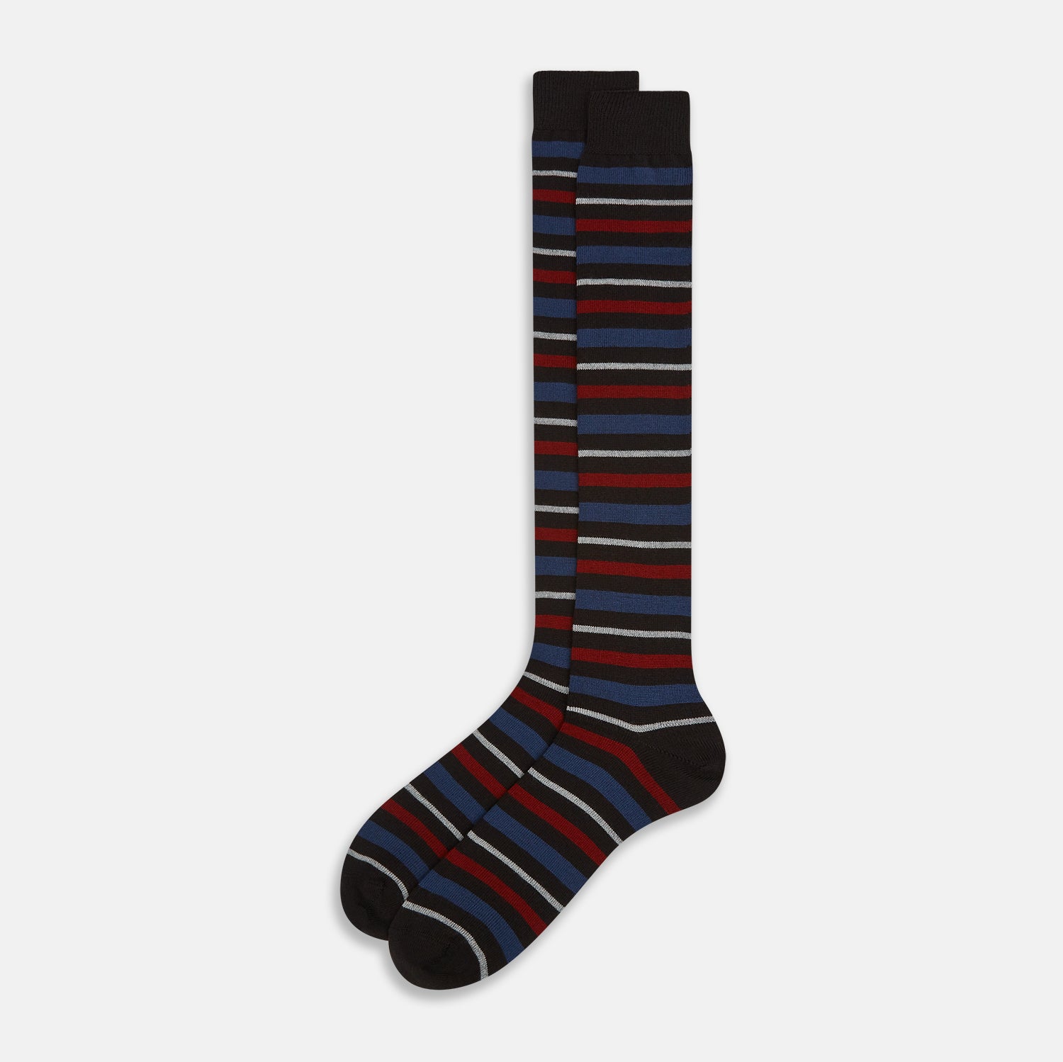 View 2 of product The Turnbull & Asser Dark Chocolate Striped Merino Wool Long Socks are knee-high, featuring horizontal black, red, blue, and gray stripes on a white background.